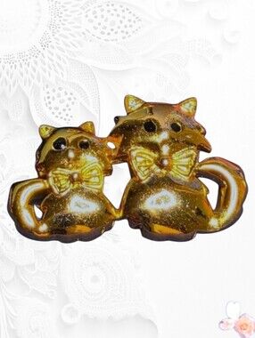 Vintage Gold Tone Twin Cat Brooch | Bow Tie Kitty Pin 99